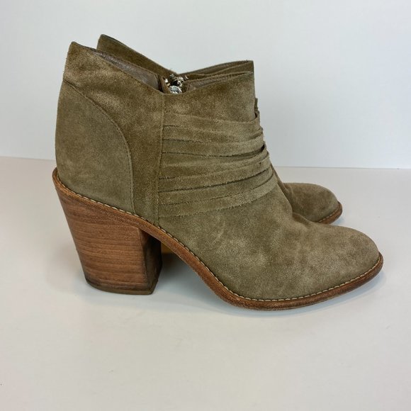 Loeffler Randall Ankle Booties 9 Khaki Green Gray Suede Leather Stacked Heel - Picture 2 of 16